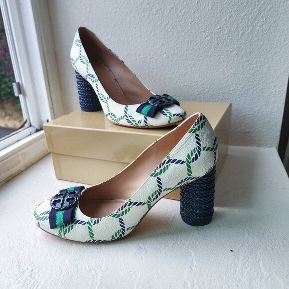 LIKE NEW VINTAGE AUTHENTIC TORY BURCH NAUTICAL CLASSIC LEATHER HEELS SHOES - Picture 6 of 14